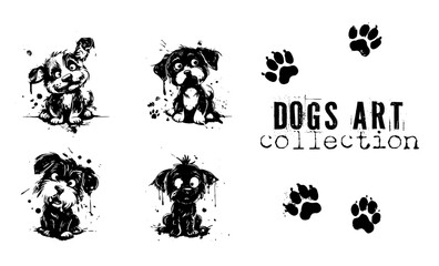 Cute dogs art in different poses. Pets silhouettes, various dogs, shown sitting and lying down. Vector collection of drawn dogs with lots of details and artistic spots.