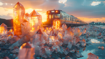 Captivating Frosty Adventure. Toy Train on Icy Railway Tracks Amidst Winter Wonderland, Showcasing Crystal Clear Ice and Frosty Scenery. Perfect for Winter theme Project.