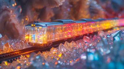 Captivating Frosty Adventure. Toy Train on Icy Railway Tracks Amidst Winter Wonderland, Showcasing Crystal Clear Ice and Frosty Scenery. Perfect for Winter theme Project.
