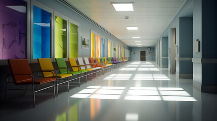 Standing in the vast corridor of a hospital, guests will be drawn to the well-equipped waiting area, with appealing geometric patterns and striking color contrasts. The room exudes a sense of vitality