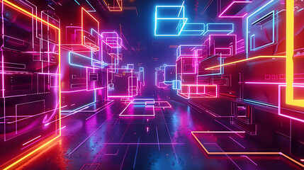 An immersive image showcasing vibrant neon lights illuminating abstract geometric shapes.