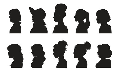 Set of Women silhouette portraits. Female head. For invitation, postcard. Portraits of beautiful girls with a hairstyle.