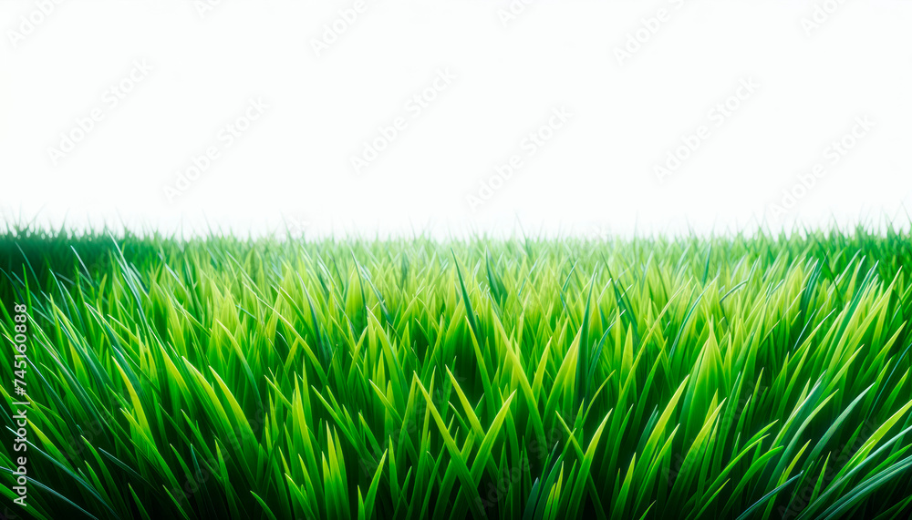 Poster dense green grass transitioning to a soft white haze, a concept of natural serenity. generative ai