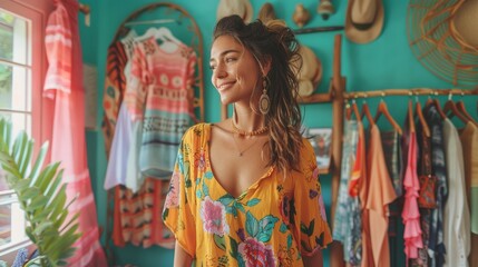 Stylish Young Woman with a Bright Smile Posing in a Boutique Clothing Store with Colorful Dresses and Hats