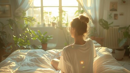 Serene Morning Scene with Young Woman Enjoying Sunlight in Cozy Bedroom Surrounded by Houseplants