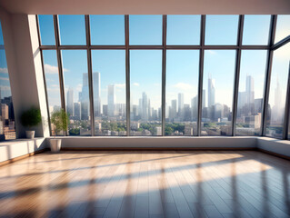 Sunlit room with floor-to-ceiling windows framing the urban skyline and park greenery. Generative AI