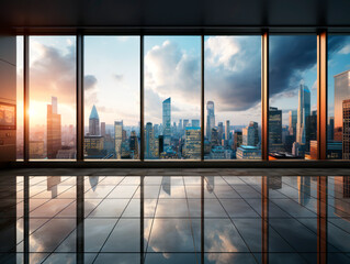 Luxurious room with a grand window view of a city skyline at sunset. Urban elegance concept Generative AI