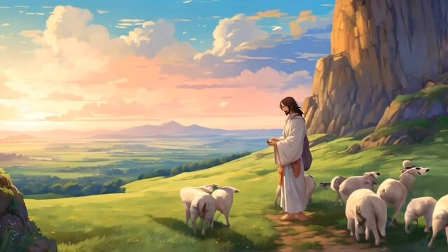 Jesus searches for the lost lamb, a metaphorical landscape where every obstacle represents a spiritual challenge, and every step a test of faith.