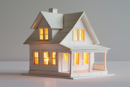Fotografia con detalle y textura de maqueta de una casa con iluminacion interior, sobre fondo neutro