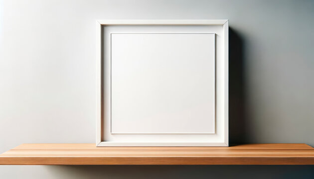Classic frame on wooden shelf with shadow play on wall. Interior design concept. Generative AI