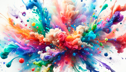 Radiant splash of colorful paints and bubbles creating an artistic burst on white background. Generative AI