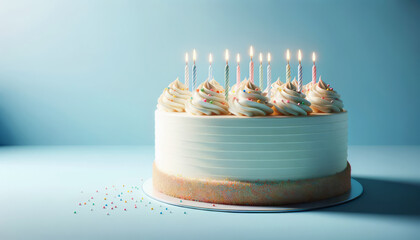 Classic birthday cake with festive candles and soft shadows on a serene blue background. Generative AI