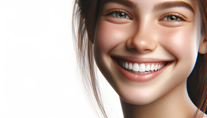 3D illustration of a young woman with a beaming smile and perfect teeth on a white background. Generative AI
