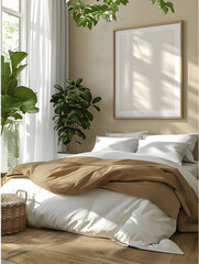 A modern bedroom with muted colors with green plants. Cozy bedroom interior. High-resolution