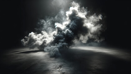 Ethereal smoke cloud formation on dark concrete floor. Abstract and design concept. Generative AI