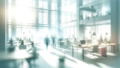 Blurred office scene with silhouettes and glowing windows in cool tones. Business concept. Generative AI - obrazy, fototapety, plakaty