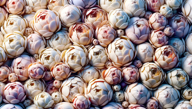 Closeup of layered protea blooms, showcasing intricate textures and pastel tones. Generative AI