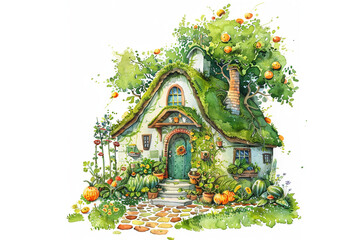 Naklejka premium Watercolor illustration of a cute teapot house 