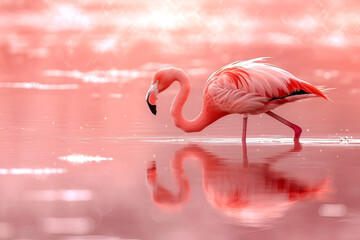 Pink flamingo at sunset, feeding in the lake. AI Generative