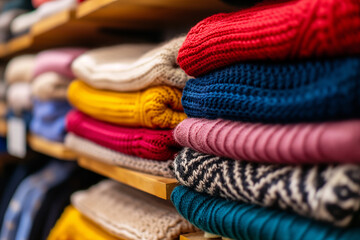 Warm clothing neatly folded on shelf. Row of colorful jumpers, cardigans, sweatshirts, sweaters, hoodies in showroom or store. AI Generative.