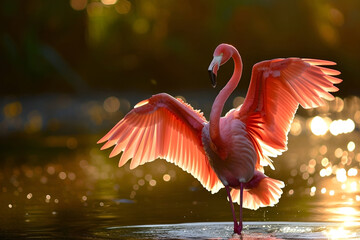 Pink flamingo at sunset, on the lake spread his wings in dance. AI Generative