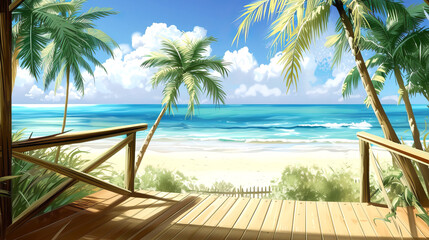 Seaside tropical view from a balcony with wooden railing, vivid blue ocean, and palm trees. Holiday concept. Generative AI