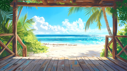 View from a wooden cabana onto a sunny beach with clear blue ocean. Generative AI - Powered by Adobe
