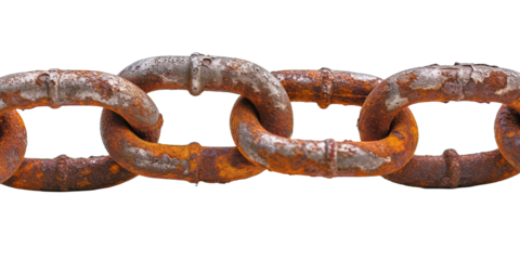 Rusty shipyard metal chain link on white or transparent background