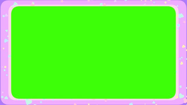 Looped cartoon rectangle frame with flying hearts, stars, and circles on green screen background.