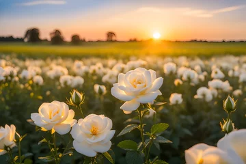 Foto op Canvas The landscape of white rose blooms in a field © RORON