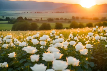 Keuken spatwand met foto The landscape of white rose blooms in a field © RORON