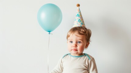 Little child in a cap on his birthday with a balloon on a white background