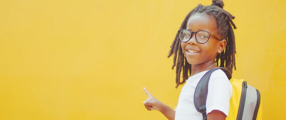 Happy African American girl with backpack, raising and pointing thumbs up. Bright yellow background, copy space, banner. School learning concept