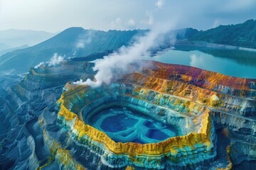 Sulfur mining from above, surrounded by smoke. Ai generative - obrazy, fototapety, plakaty