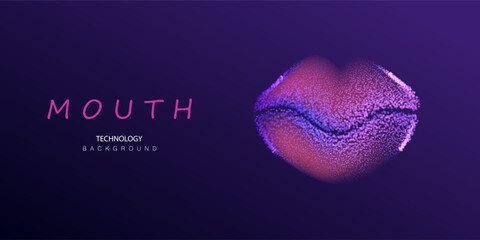 Technology neon glitter lips vector. Digital female mouth in particles dots geometric shapes. Futuristic party girl smile background. Science cosmetology concept.
