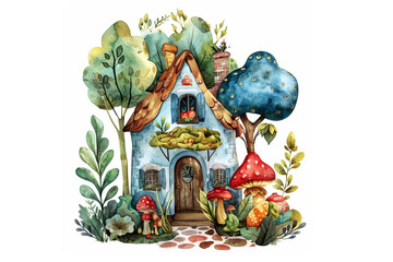 Watercolor illustration of a cute teapot house	