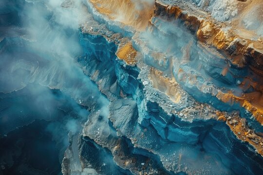 Sulfur mining from above, surrounded by smoke. Ai generative