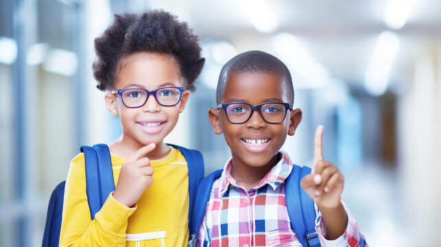 Two smiling black schoolchildren with backpacks in the school corridor. Back to school concept