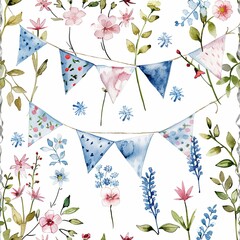 Watercolor illustration decorative flags on a string and flowers. Seamless pattern.