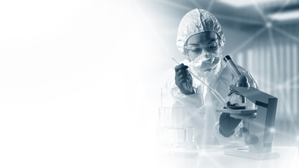 Medical laboratory specialist. Woman doctor with microscope. Doctor immunologist in chemical...
