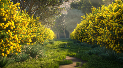 Forsythia hedge lining a charming garden path.