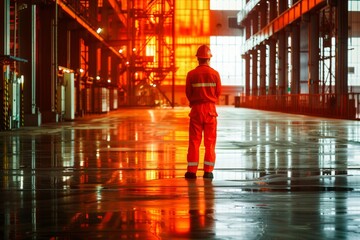 an orange colored worker in hard hat and hat, standing in his industrial warehouse, in the style of reflective, monumental, colab, composed, stylish, photo taken with provia,