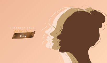 International women's day 8 march vector background with women different ethnicity and cultures face stand together. Brave and strong girls support each other. Power girls.
