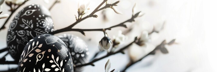 banner with Easter black and gold eggs with patterns on a light blurred background