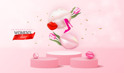 Happy women's day vector background with podiums for display sale product. Illustration with lips  and mouth balloons. Female holiday design with heels and tulip flowers.	
