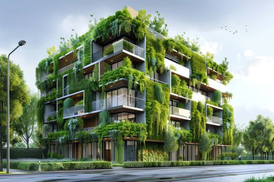 Modern Eco-Architecture with Verdant Balconies. Ai generative