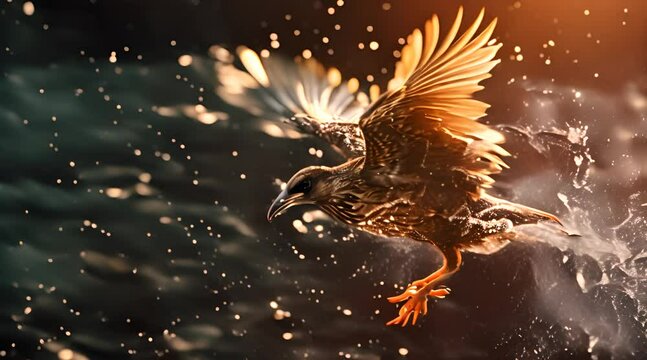 Bird flying in slow motion while water splashing of it