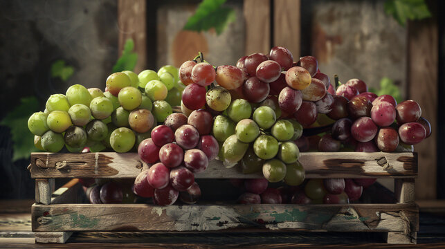 grapes arranged in a vintage wooden crate.