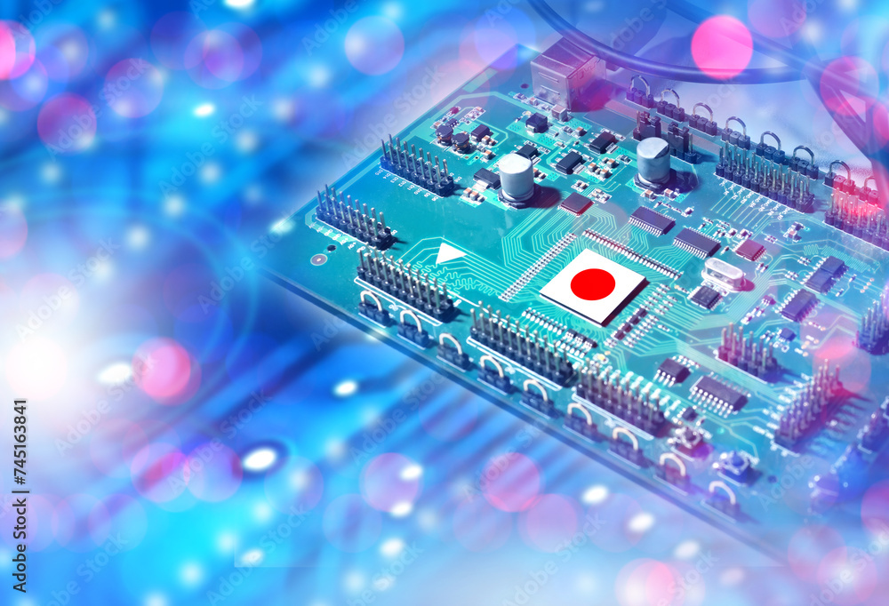 Poster microprocessor with japan flag. computer board. pcb made in japan. production of modern microprocess