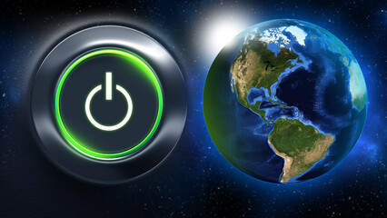 Earth hour. Turn off button near globe. Earth hour event. Call to turn off electricity. Caring for planet. Button to start ecosystem restoration. 3d image planet earth, elements from nasa